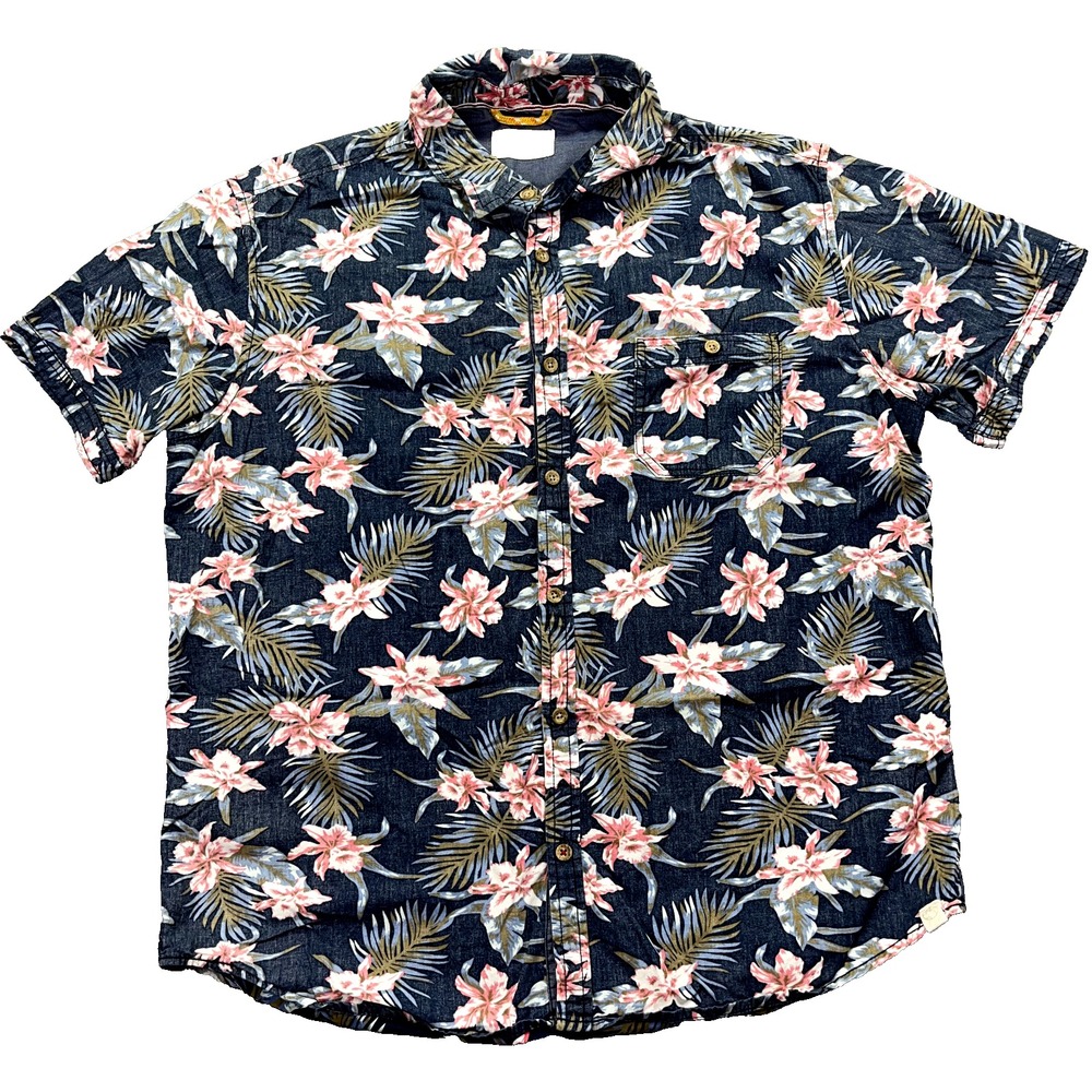 Free Planet Shirt Mens Sz XL Blue Floral Button Up Hawaiian Short Sleeve Cotton